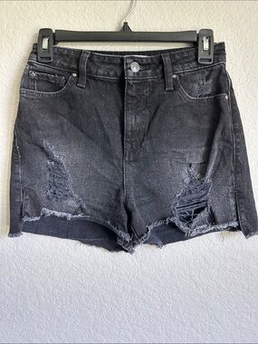 High-Rise Distressed Black Denim Shorts